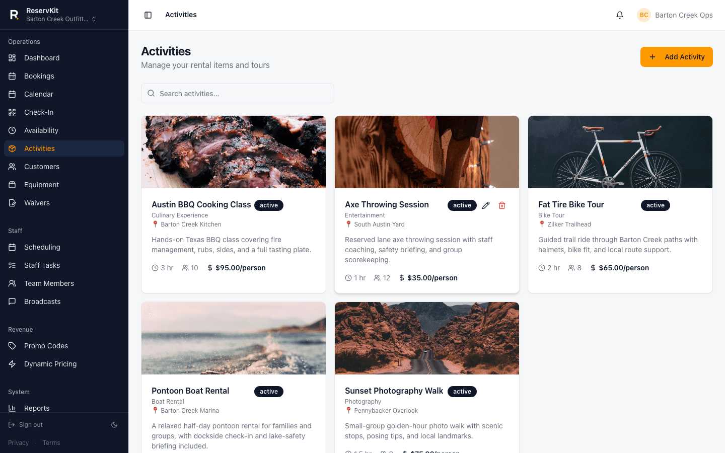 ReservKit activities page showing five configured bookable activities
