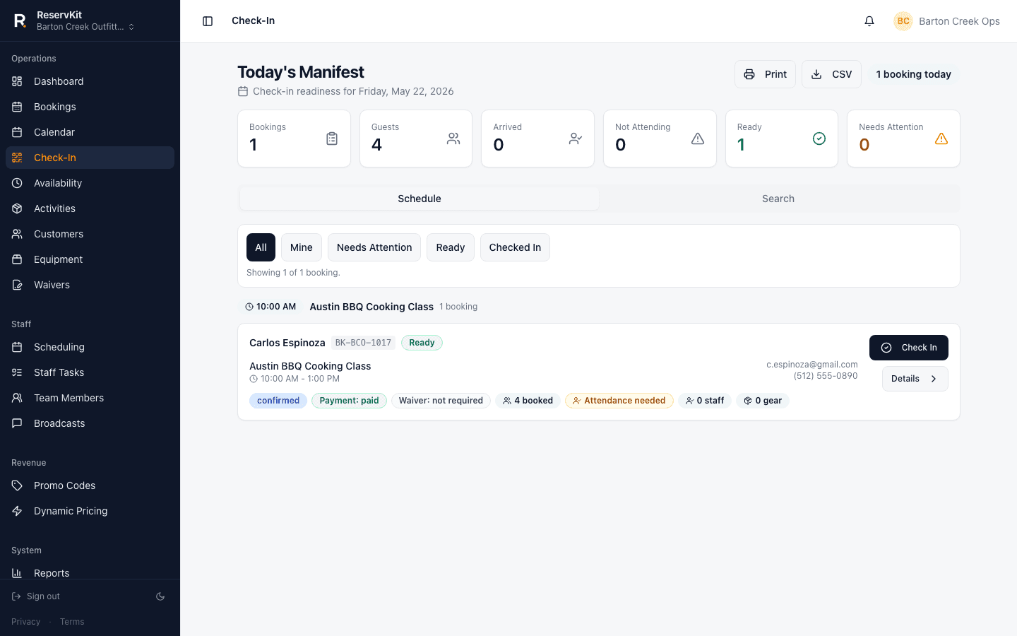 ReservKit check-in manifest showing day-of bookings