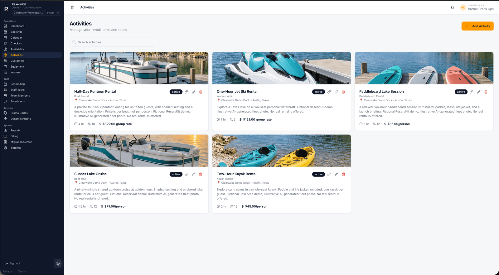 Clearwake demo activity catalog including a one-hour jet ski rental with pricing and capacity