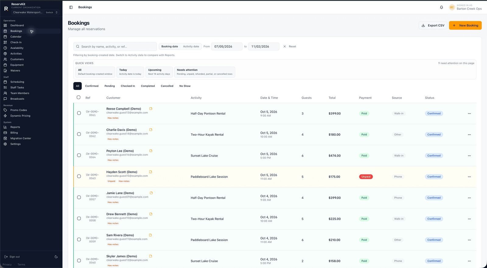 ReservKit bookings dashboard with customer, payment, and booking details