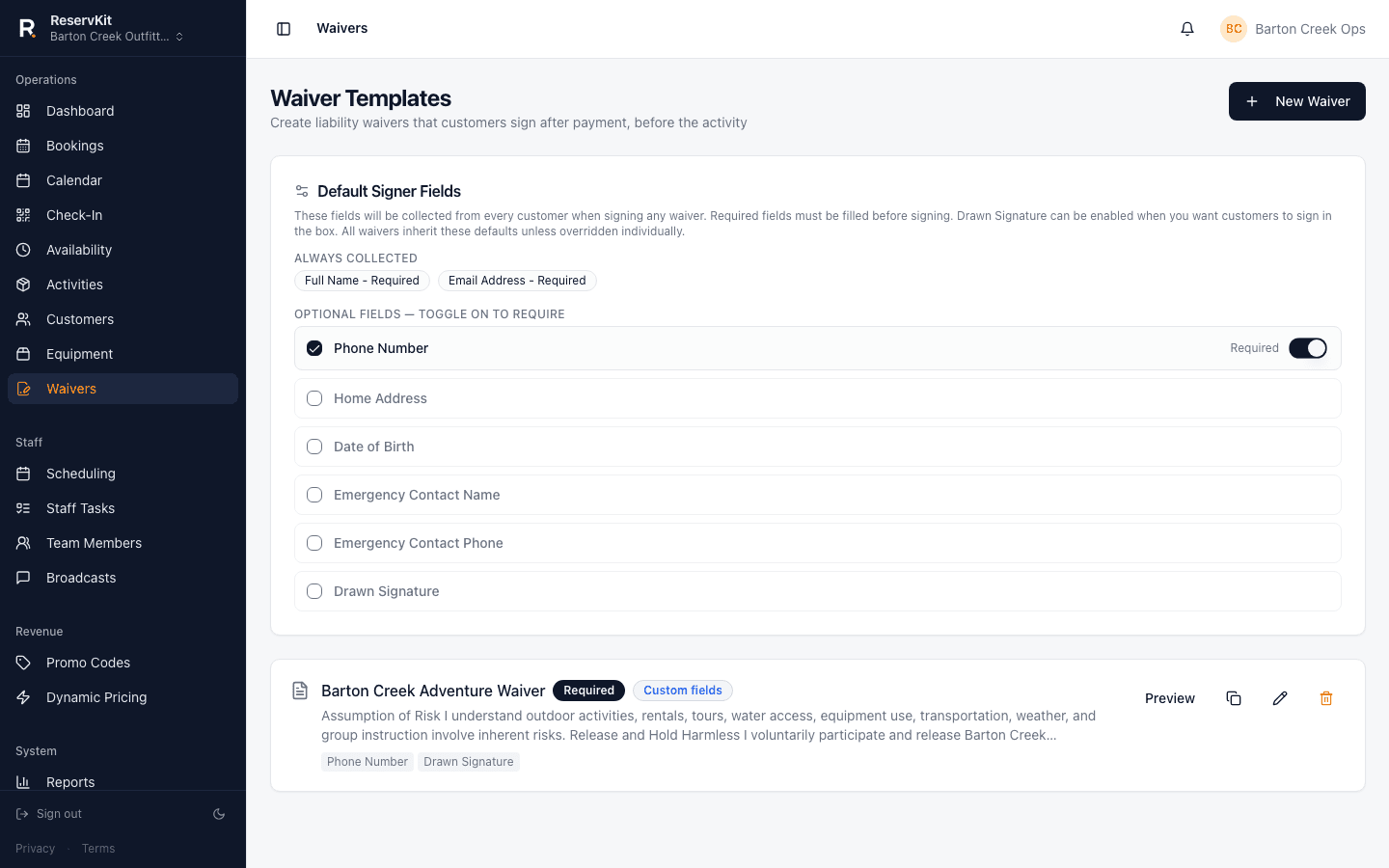 ReservKit waiver status view showing guest signing status