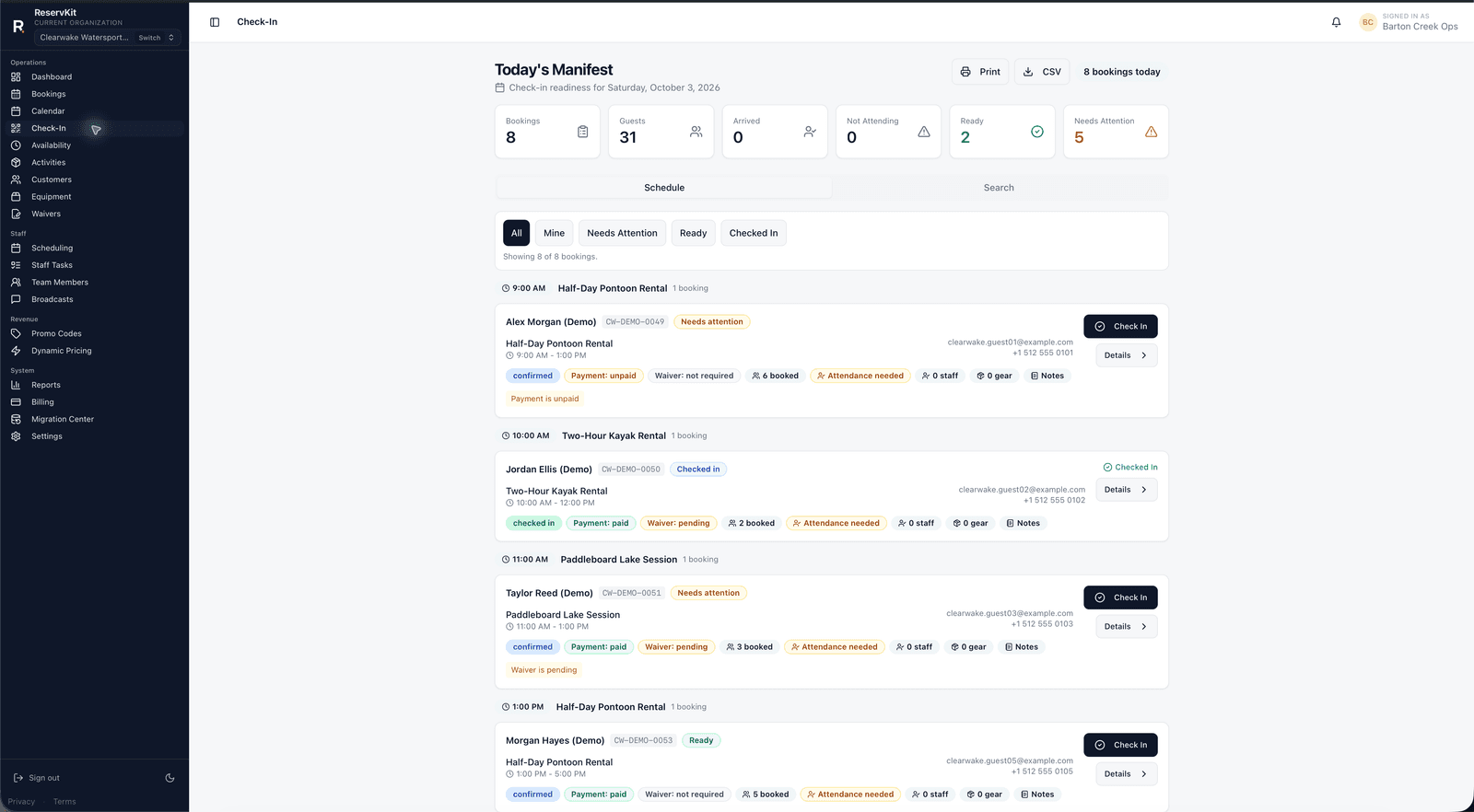 ReservKit check-in workspace showing booking readiness and guest details