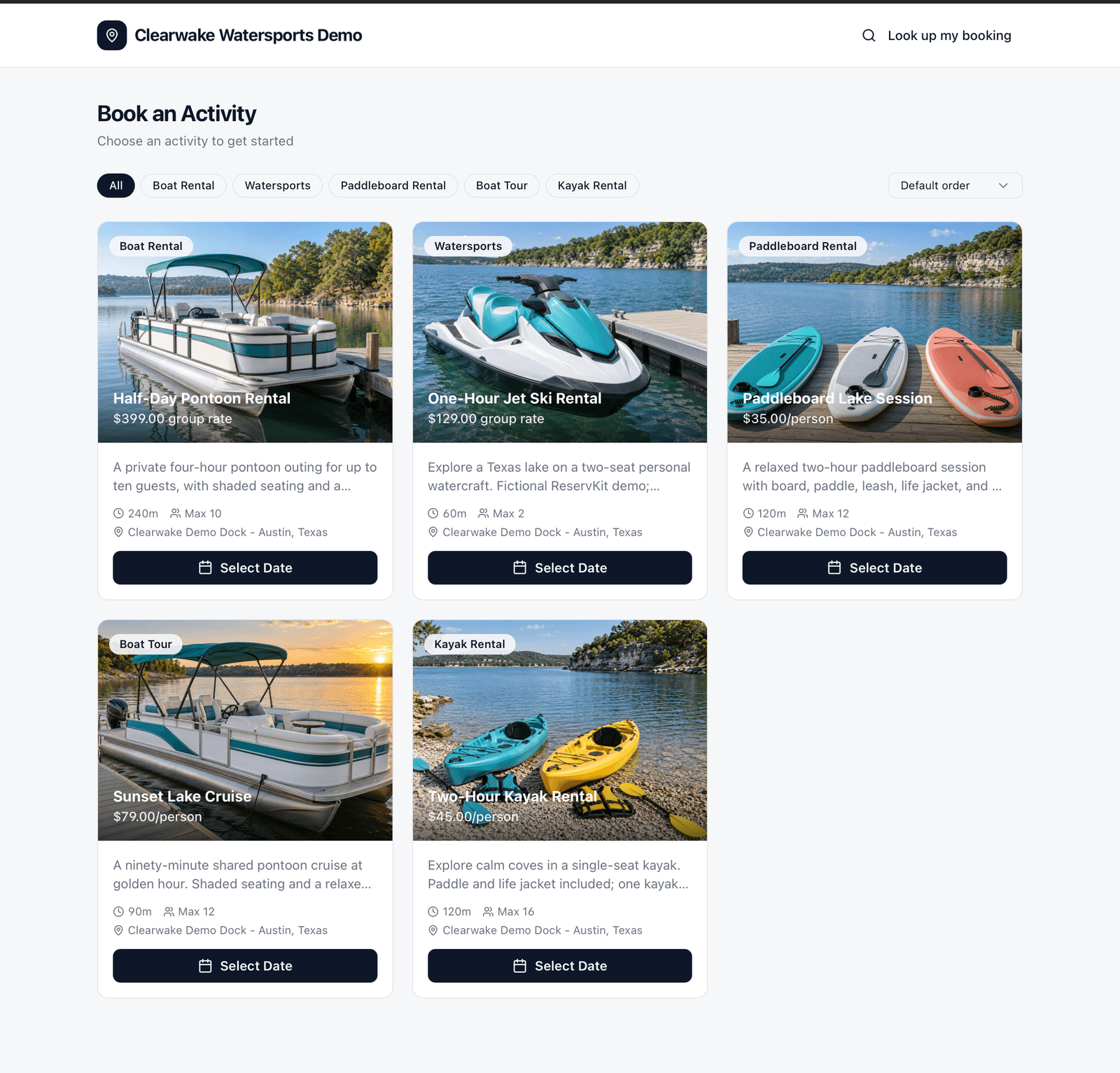 Clearwake demo public booking catalog with pontoon, jet ski, paddleboard, cruise and kayak activities