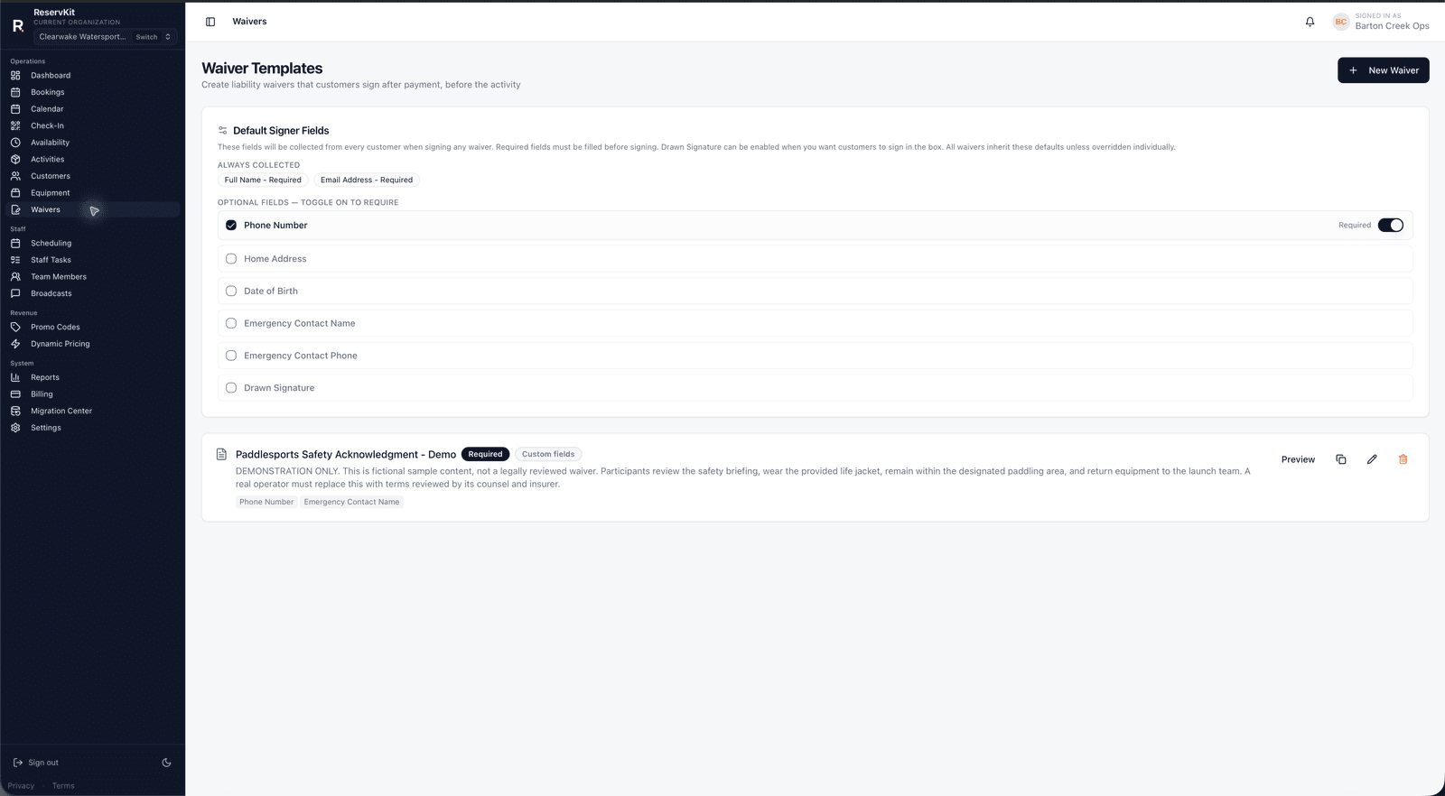 ReservKit Waiver Templates settings with configurable signer fields